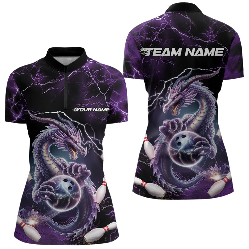 Custom Black And Purple Thunder Lightning Dragon Bowling Team Quarter-Zip Shirts For Women IPHW8678