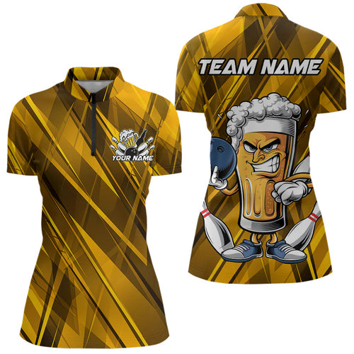 Custom Funny Beer Bowling Women Quarter-Zip Shirts For Bowlers, Beer And Bowling Jerseys IPHW8932