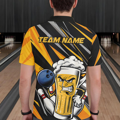 Custom Black And Yellow Funny Beer Bowling Men Polo Shirts, Angry Beer Glass Bowling Jersey IPHW8933
