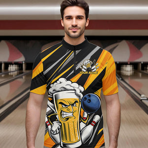 Custom Black And Yellow Funny Beer Bowling Men Quarter-Zip Shirts, Angry Beer Glass Bowling Jersey IPHW8933