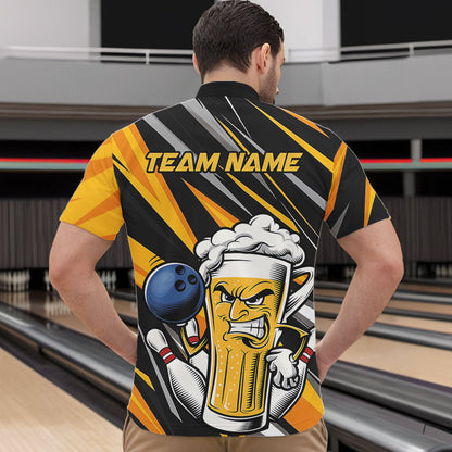 Custom Black And Yellow Funny Beer Bowling Men Quarter-Zip Shirts, Angry Beer Glass Bowling Jersey IPHW8933