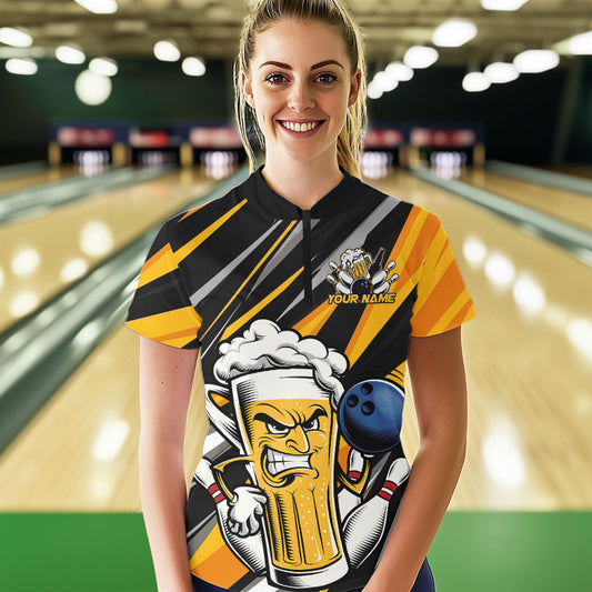 Custom Black And Yellow Funny Beer Bowling Women Quarter-Zip Shirt, Angry Beer Glass Jersey IPHW8933