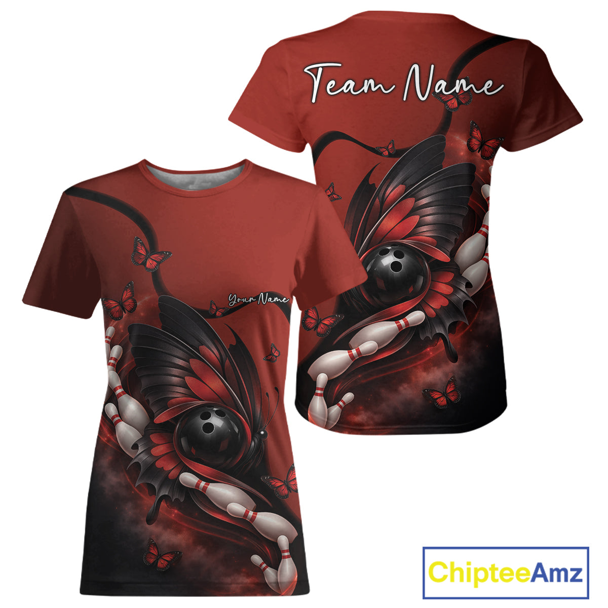 Red and black women’s crewneck bowling shirt shown from front and back with a butterfly wrapped around a bowling ball and bowling pin graphics.