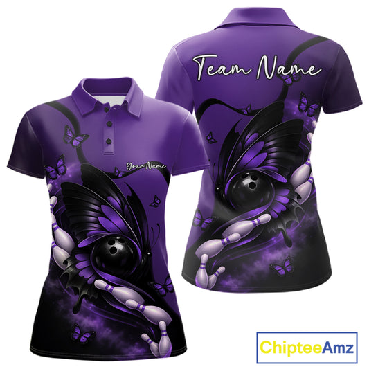 Front and back view of a purple and black women’s bowling polo shirt featuring a butterfly wrapped around a bowling ball with bowling pins.