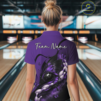 Back view of a female model wearing a purple and black bowling quarter-zip shirt showcasing a butterfly wrapped around a bowling ball.