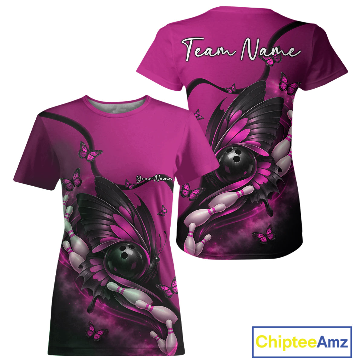Front and back mockup of a pink and black women’s crewneck bowling T-shirt featuring a butterfly embracing a bowling ball and bowling pins.
