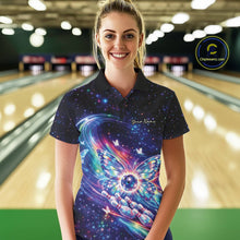 Load image into Gallery viewer, Female model in a bowling venue wearing a colorful bowling polo shirt featuring glowing butterfly wings and a bowling ball motif.