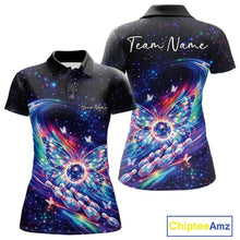 Load image into Gallery viewer, Front and back display of a colorful women’s bowling polo shirt with glowing butterfly wings surrounding a bowling ball and vibrant galaxy accents.