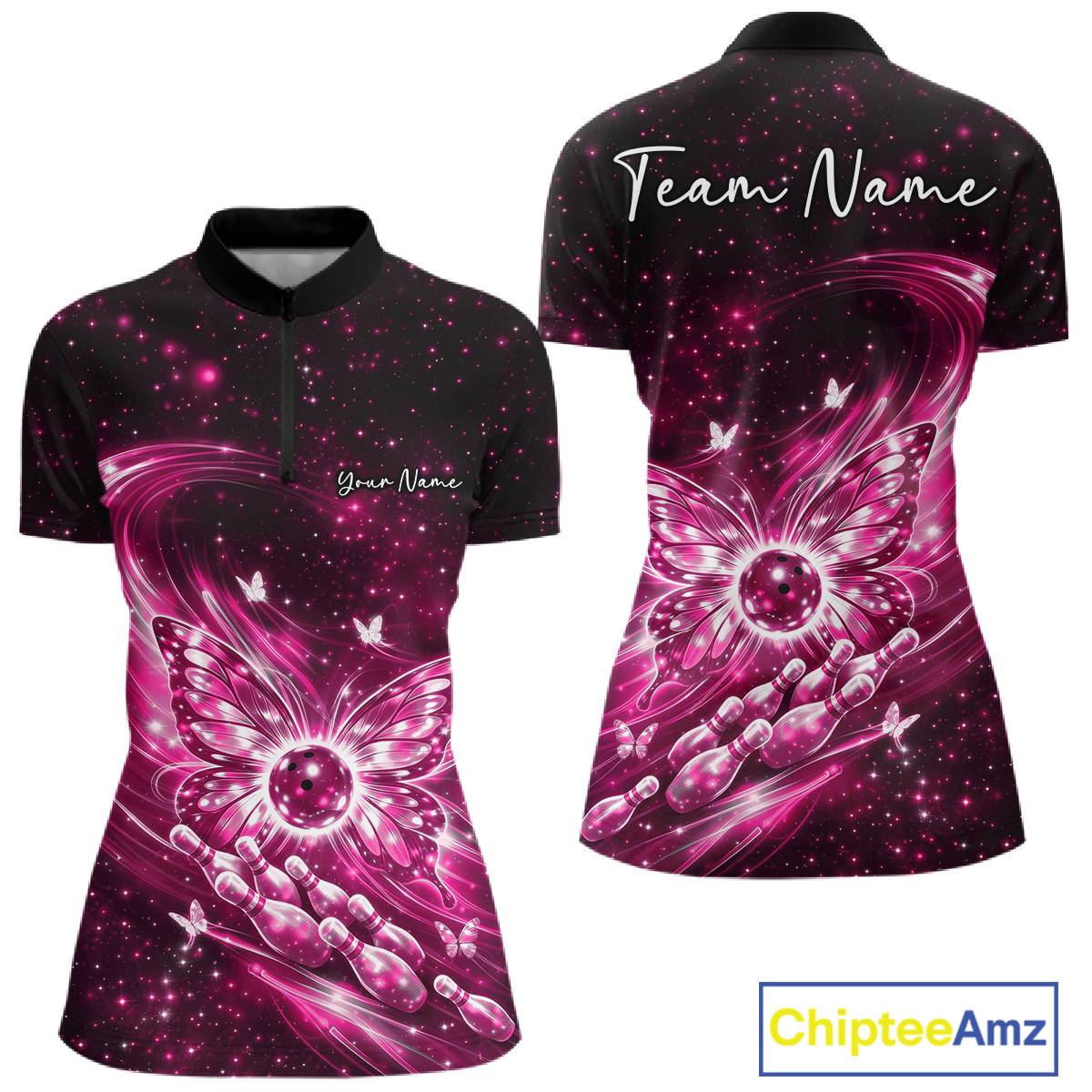 Front and back mockup of a pink women’s bowling quarter-zip shirt showcasing glowing butterfly wings around a bowling ball against a galaxy background.