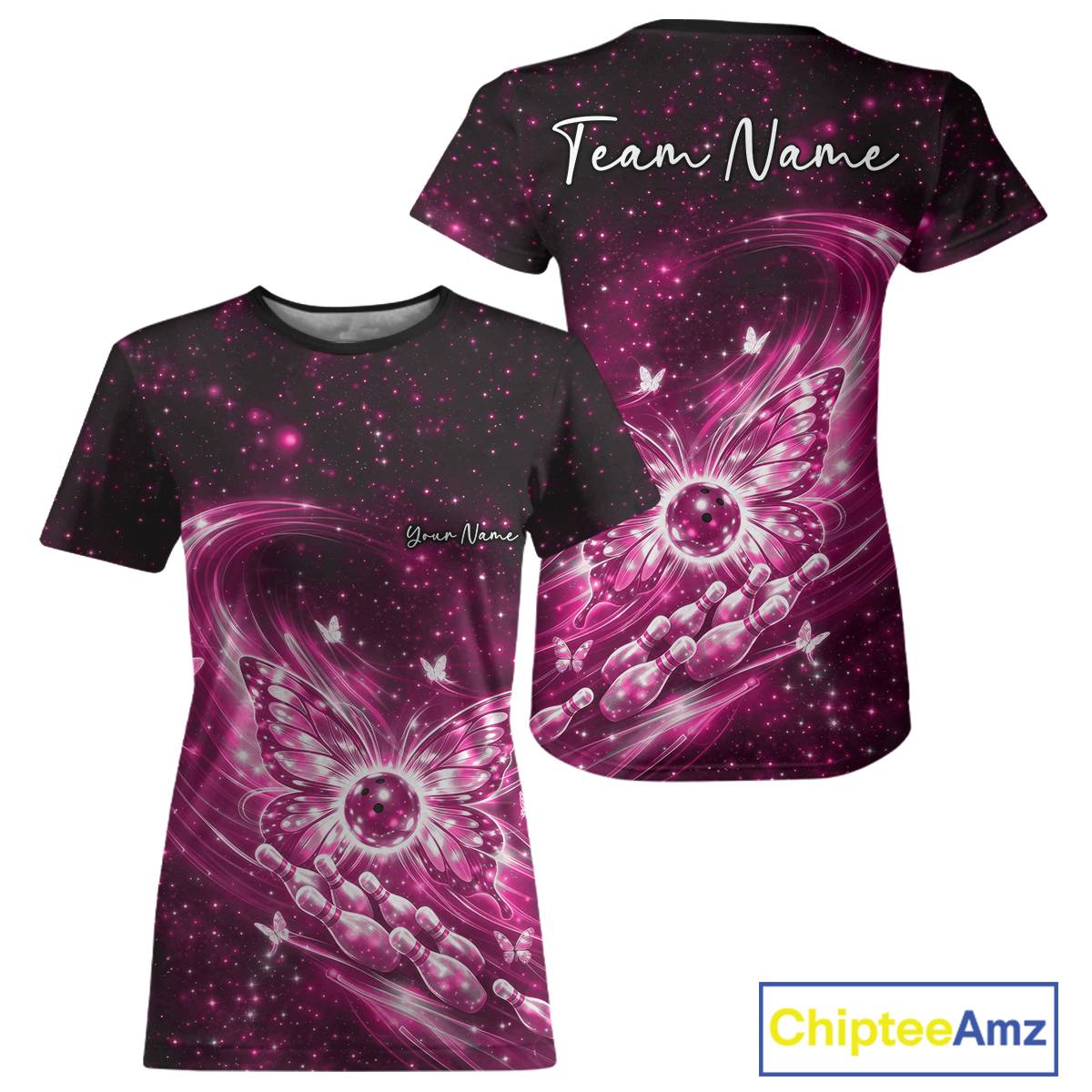 Front and back mockup of a pink women’s crewneck bowling T-shirt featuring luminous butterfly wings, a bowling ball centerpiece, and galaxy artwork.