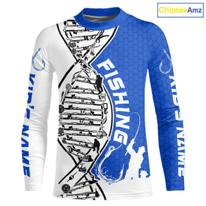 Custom Blue And White Fishing Tools Fishing DNA Kid Long Sleeve Tournament Fishing Shirts IPHW9177