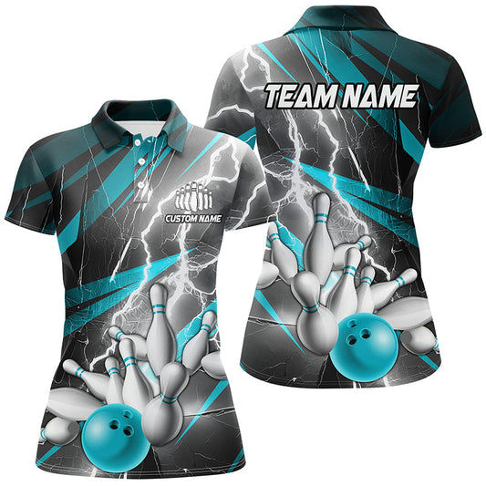Blue Lightning Strike Custom Bowling Polo Shirts For Women, Ladies Team Bowling Shirts IPHW6853