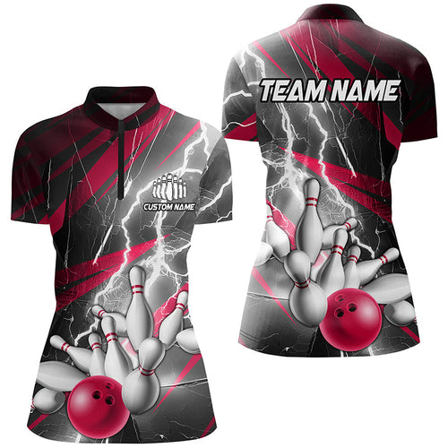 Pink Lightning Strike Custom Bowling Quarter Zip Shirts For Women,Ladies Bowling Shirts IPHW6854