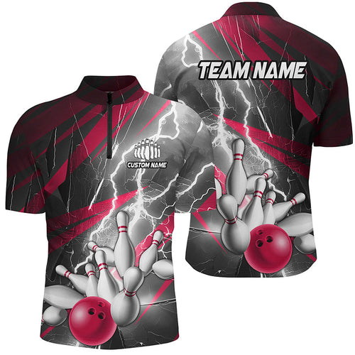 Pink Lightning Strike Custom Bowling Quarter Zip Shirts For Men, Team Bowling Shirts Bowler Outfit IPHW6854