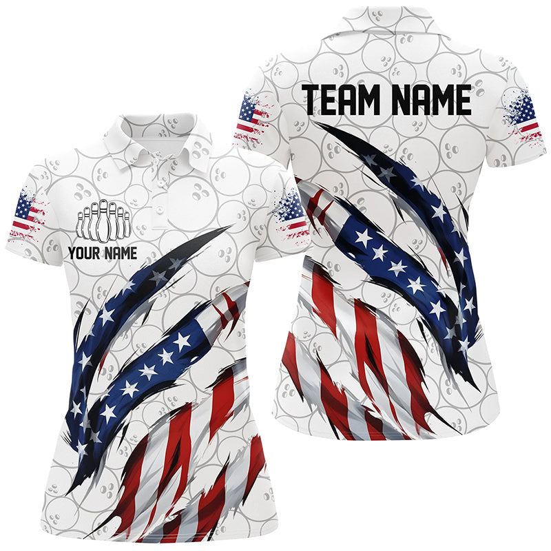 Custom Us Flag Bowling Polo Shirts For Women, Patriotic Bowling Team Shirts IPHW6867