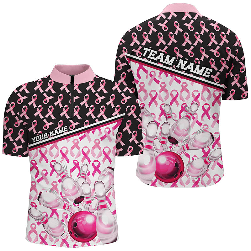 Black And Pink Breast Cancer Awareness Ribbons Custom Bowling Shirts For Men And Women IPHW7007