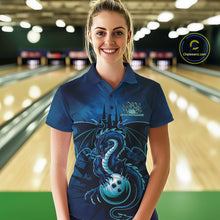 Load image into Gallery viewer, Custom Black And Blue Dragon Bowling Polo Shirts For Women, Dragon League Team Shirt IPHW9532
