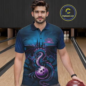 Custom Blue And Purple Dragon Bowling Polo Shirts For Men, Dragon League Team Shirt IPHW9533