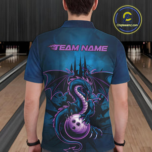 Custom Blue And Purple Dragon Bowling Polo Shirts For Men, Dragon League Team Shirt IPHW9533
