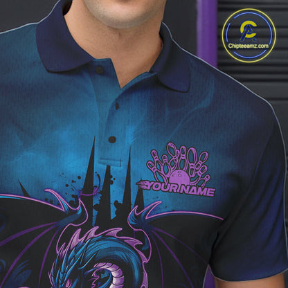 Custom Blue And Purple Dragon Bowling Polo Shirts For Men, Dragon League Team Shirt IPHW9533