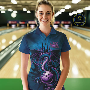 Custom Blue And Purple Dragon Bowling Polo Shirts For Women, Dragon League Team Shirt IPHW9533
