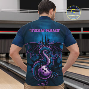 Custom Blue And Purple Dragon Bowling Quarter-Zip Shirts For Men, Dragon League Team Shirt IPHW9533