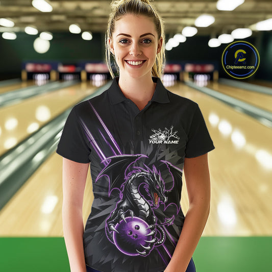 Custom Black And Purple Dragon Bowling Polo Shirts For Women, Dragon Bowling Team Shirt IPHW9538