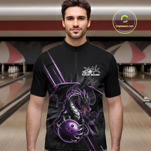 Custom Black And Purple Dragon Bowling Quarter-Zip Shirts For Men, Dragon Bowling Team Shirt IPHW9538