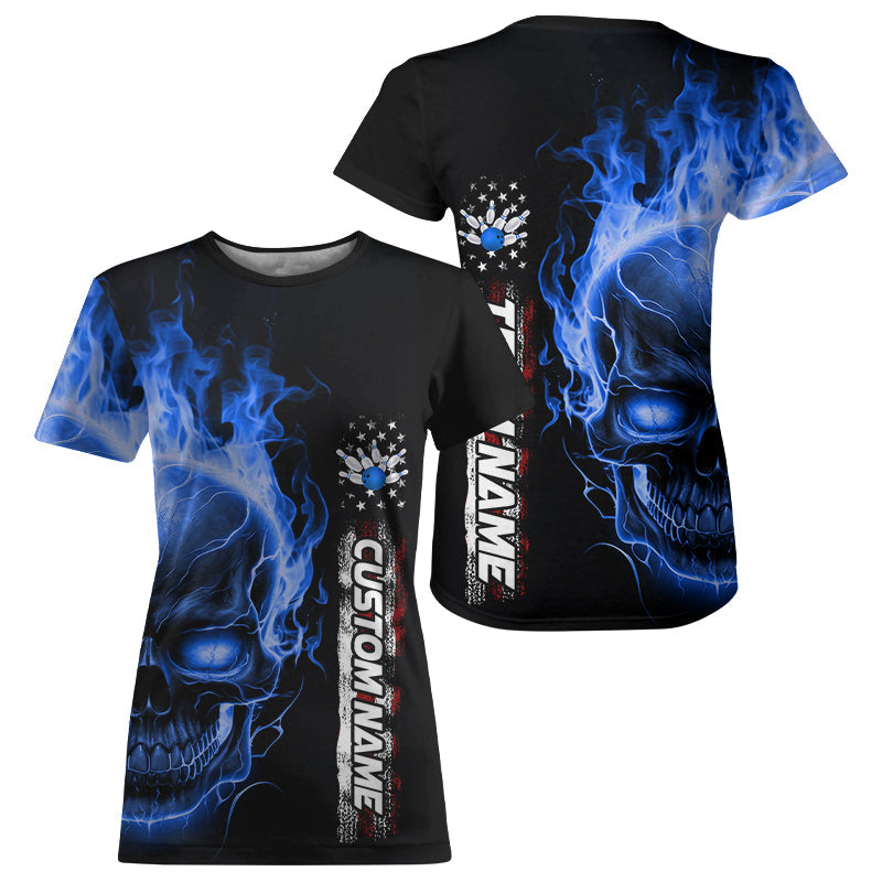 Custom Blue Flame Skull American Flag Bowling T-Shirts For Women, Patriotic Bowling IPHW5145