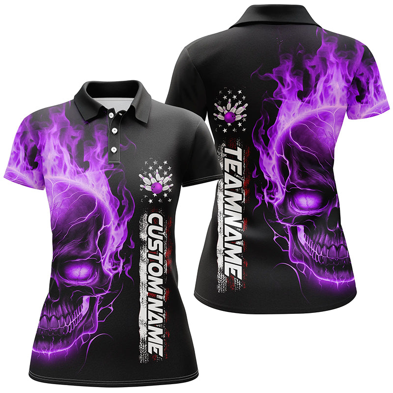 Flame Skull American Flag Custom Team Bowling Shirts For Women, Patrio ...