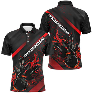 Custom Black And Red Flame Bowling Shirts For Men, Bowling Team Bowling League Shirts IPHW7210