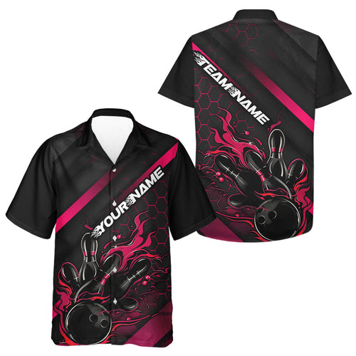 Custom Black And Pink Flame Bowling Hawaiian Shirts For Men, Bowling Team Bowling League Shirts IPHW7211