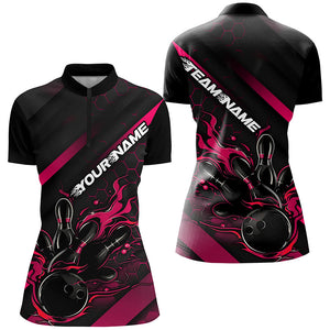 Custom Black And Pink Flame Bowling Shirts For Women, Bowling Team Bowling League Shirts IPHW7211