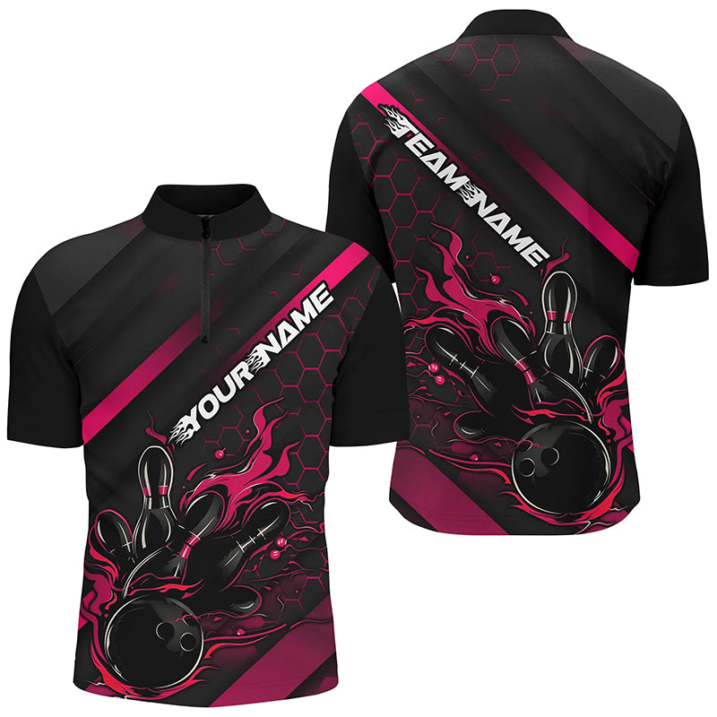 Custom Black And Pink Flame Bowling Shirts For Men, Bowling Team Bowling League Shirts IPHW7211