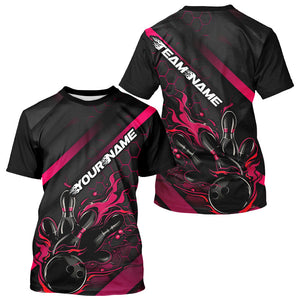 Custom Black And Pink Flame Bowling T-Shirts For Men, Bowling Team Bowling League Shirts IPHW7211