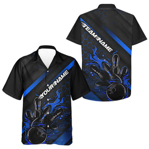 Custom Black And Blue Flame Bowling Hawaiian Shirts For Men And Women, Team Bowling League Shirts IPHW7212