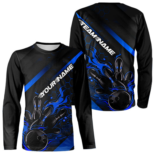 Custom Black And Blue Flame Bowling Long Sleeve Shirts For Men, Bowling Team Bowling League Shirts IPHW7212