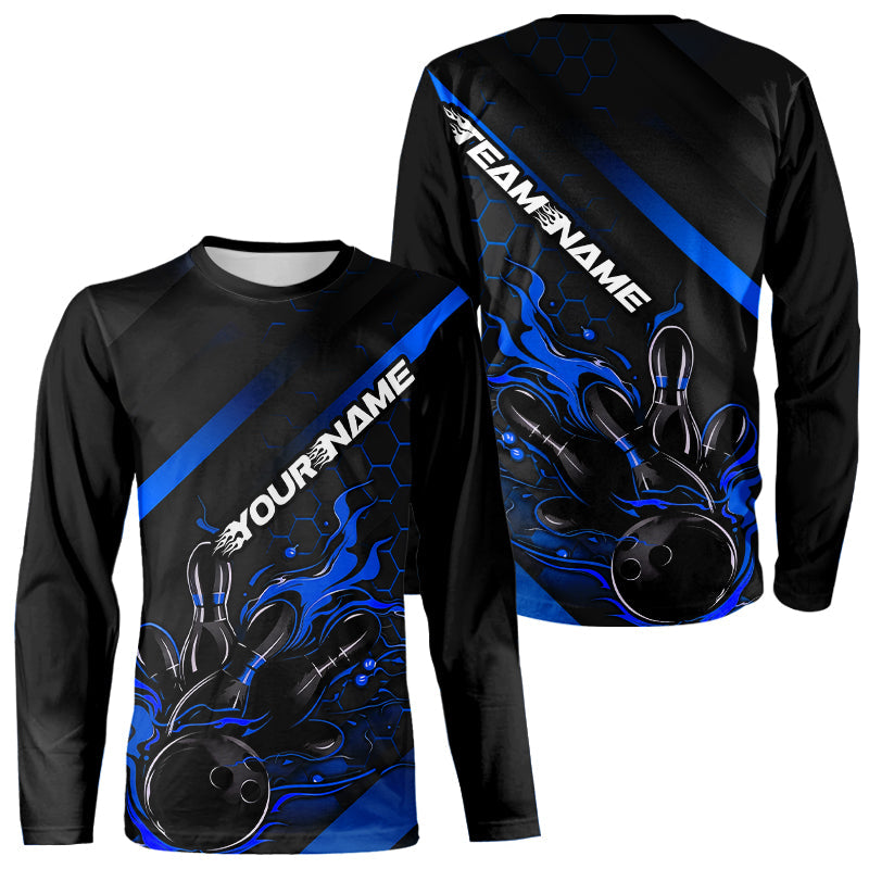 Custom Black And Blue Flame Bowling Long Sleeve Shirts For Men, Bowling Team Bowling League Shirts IPHW7212