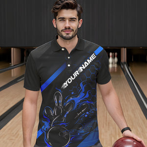 Custom Black And Blue Flame Bowling Shirts For Men, Bowling Team Bowling League Shirts IPHW7212