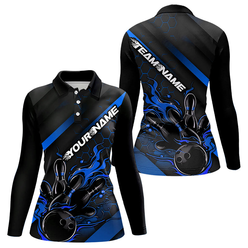 Custom Black And Blue Flame Bowling Long Sleeve Polo Shirts For Women, Bowling League Shirts IPHW7212