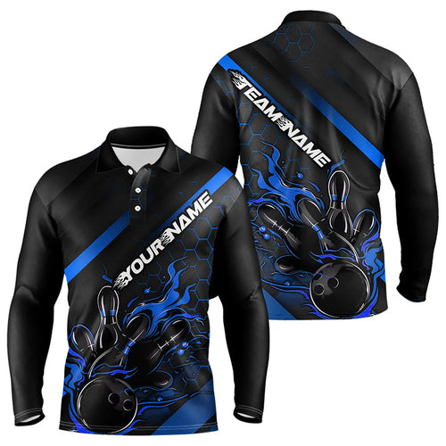 Custom Black And Blue Flame Bowling Long Sleeve Polo Shirts For Men, Team Bowling League Shirts IPHW7212