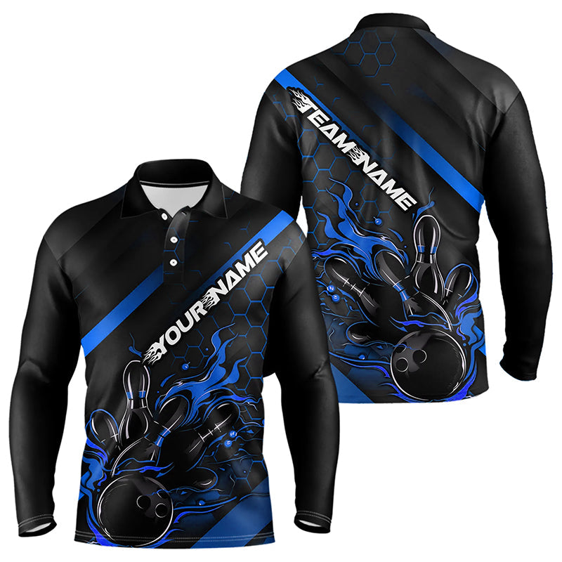 Custom Black And Blue Flame Bowling Long Sleeve Polo Shirts For Men, Team Bowling League Shirts IPHW7212
