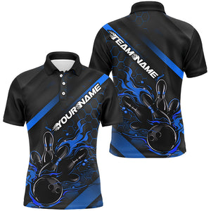 Custom Black And Blue Flame Bowling Shirts For Men, Bowling Team Bowling League Shirts IPHW7212