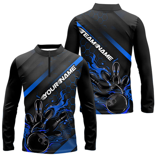 Custom Black And Blue Flame Bowling Long Sleeve Quarter-Zip Shirts For Men, Bowling League Shirts IPHW7212