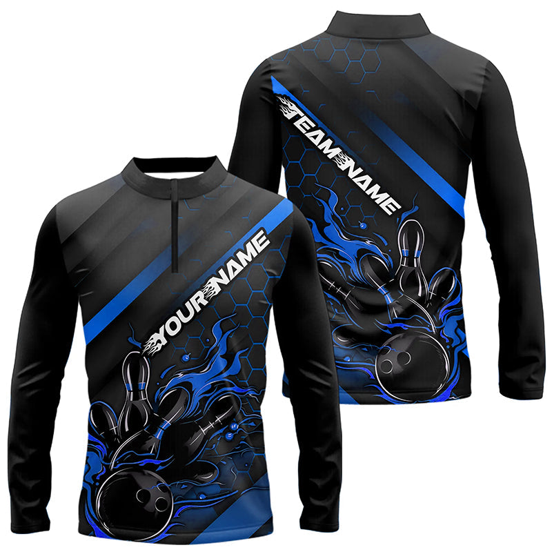 Custom Black And Blue Flame Bowling Long Sleeve Quarter-Zip Shirts For Men, Bowling League Shirts IPHW7212