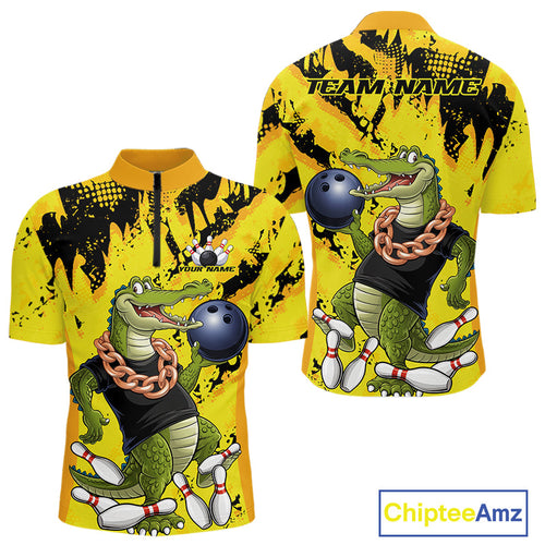 Custom Funny Alligator Bowling Quarter-Zip Shirt For Men, Grunge Yelllow Bowling Team Jerseys IPHW9922
