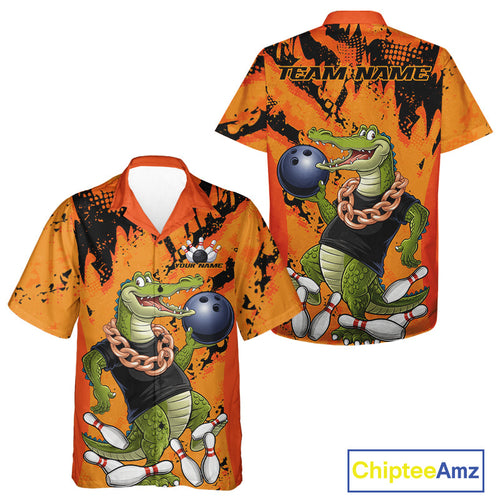 Custom Funny Alligator Bowling Hawaiian Shirt For Men And Women, Grunge Orange Bowling Team Jerseys IPHW9923