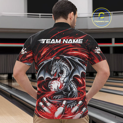 Custom Black And Red Fire Flame Dragon Bowling Jerseys Bowling Team Men Quarter-Zip Shirt IPHW10291