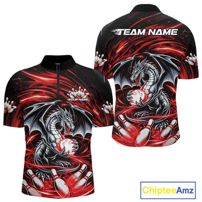 Custom Black And Red Fire Flame Dragon Bowling Jerseys Bowling Team Men Quarter-Zip Shirt IPHW10291