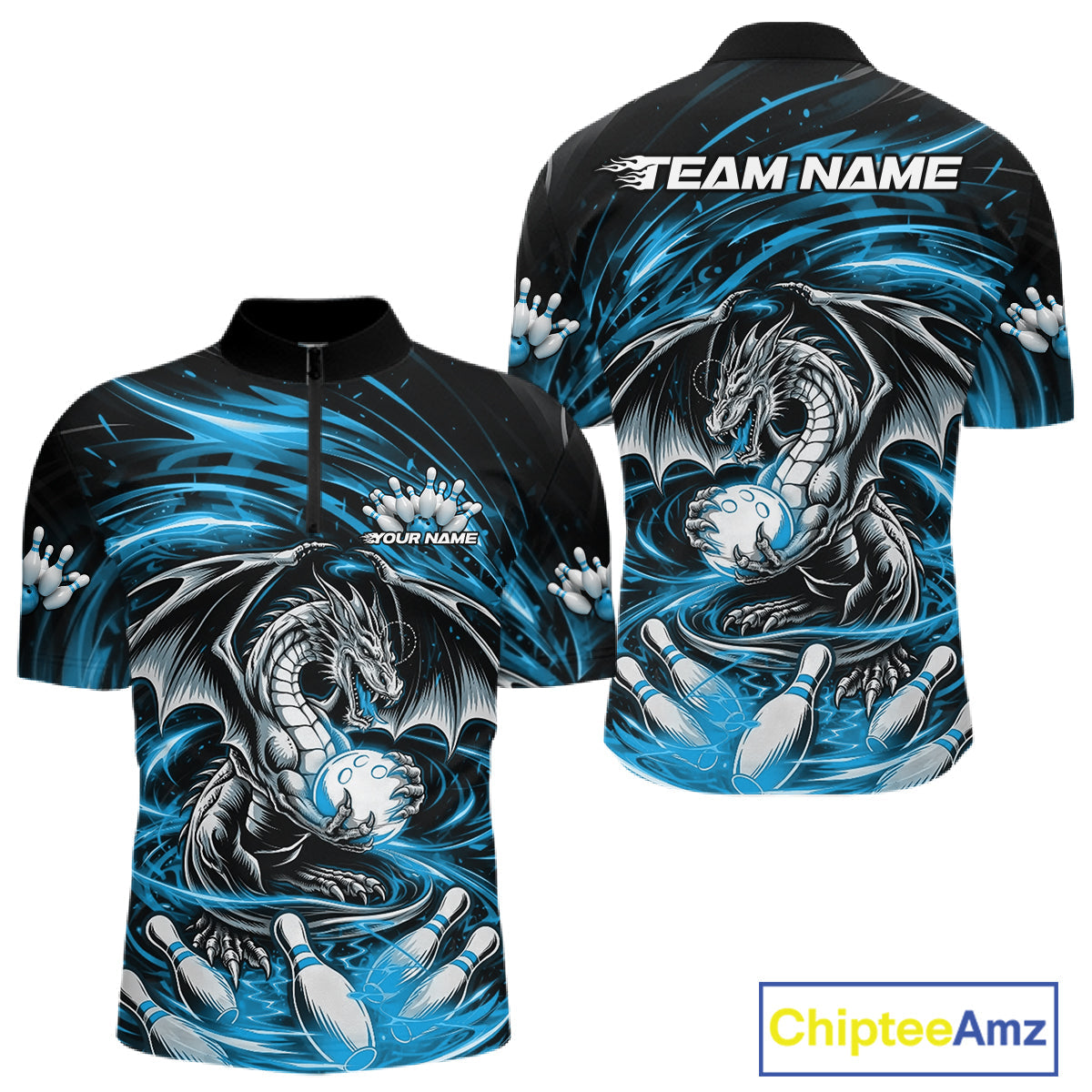Custom Black And Blue Fire Flame Dragon Bowling Jerseys Bowling Team Men Quarter-Zip Shirt IPHW10292